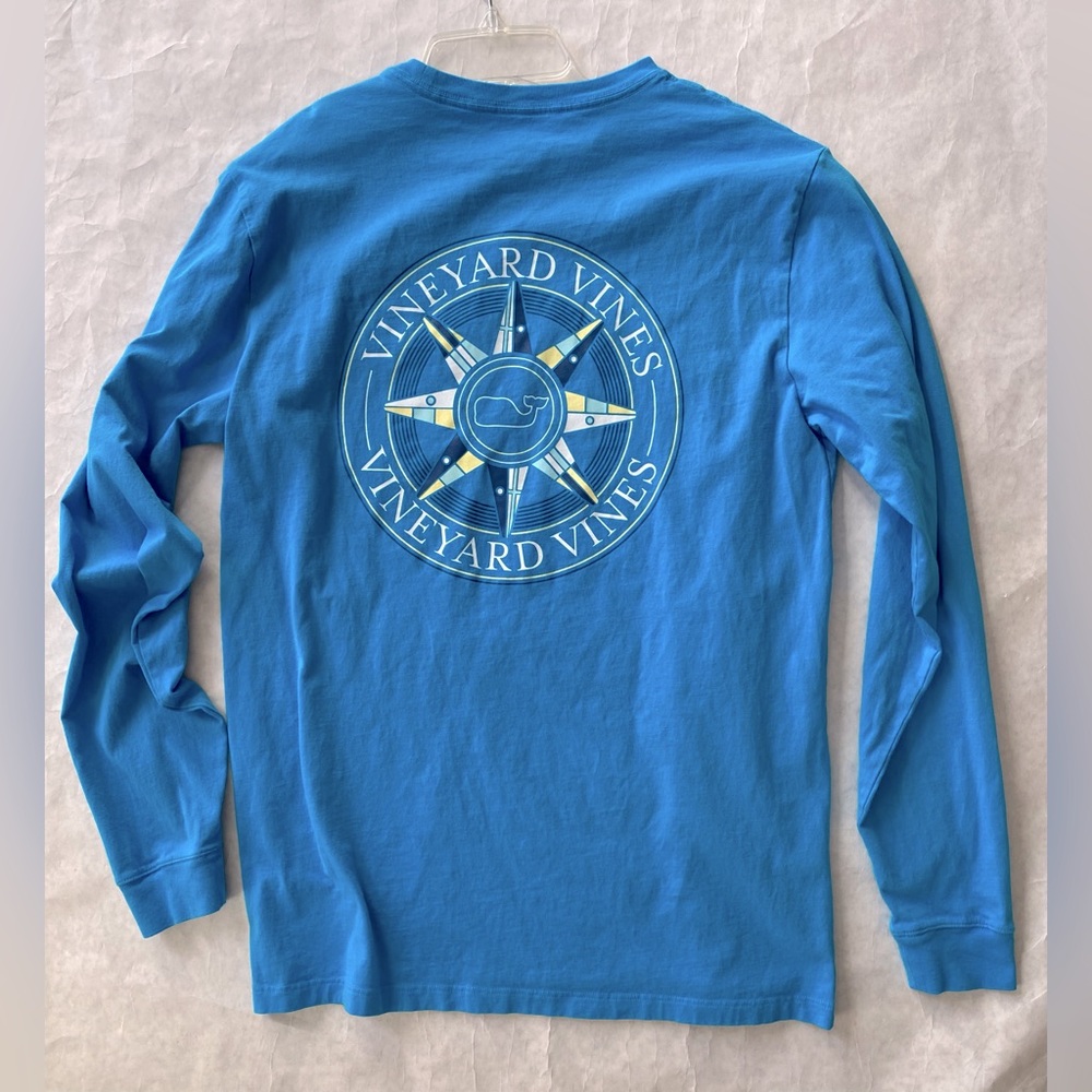 VINEYARD VINES Women L or Men's S Turquoise Long-Sleeve Pocket Tee Compass Print
